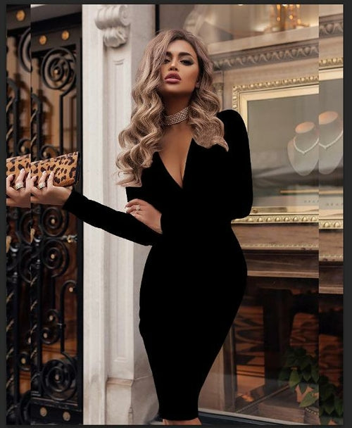 Load image into Gallery viewer, Women&#39;s Sexy Ribbed Sweater Dresses Bodycon V Neck Long Sleeve Midi
