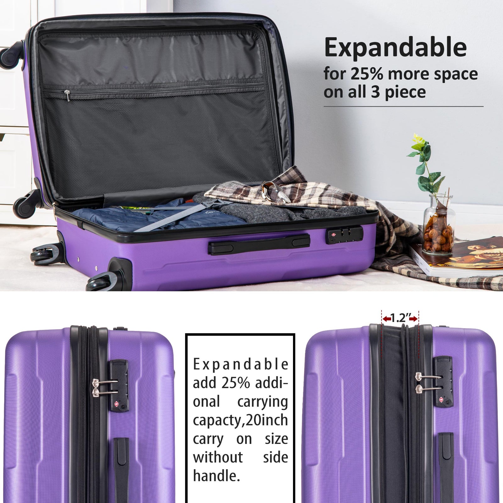 Expanable Spinner Wheel 3 Piece Luggage Set ABS Lightweight Suitcase with TSA Lock