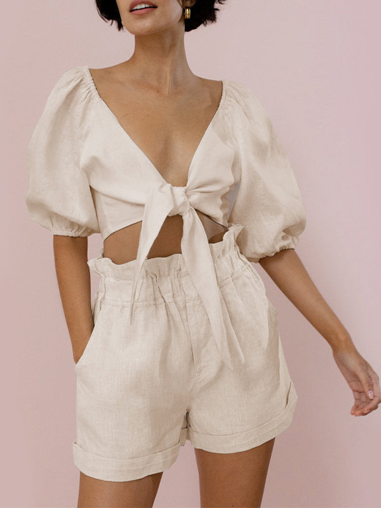 Women's Cotton Linen Crop Top with Shorts