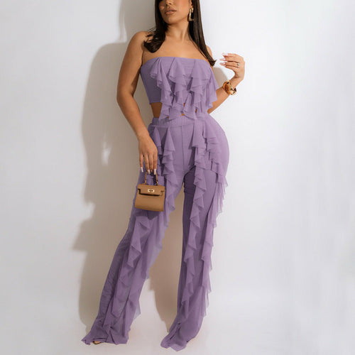 Load image into Gallery viewer, Women&#39;s Crop Top &amp; Long Trousers Ruffles - Solid
