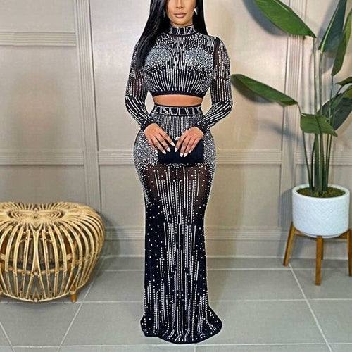 Load image into Gallery viewer, Women&#39;s Two-Piece Mesh Diamond Embellished Dress

