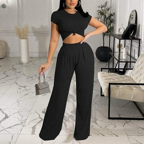 Load image into Gallery viewer, Women&#39;s Two-Piece Casual Short Sleeve Crop Top - Wide Leg, Pants Set
