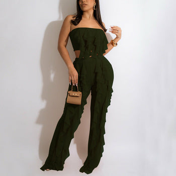 Load image into Gallery viewer, Women&#39;s Crop Top &amp; Long Trousers Ruffles - Solid
